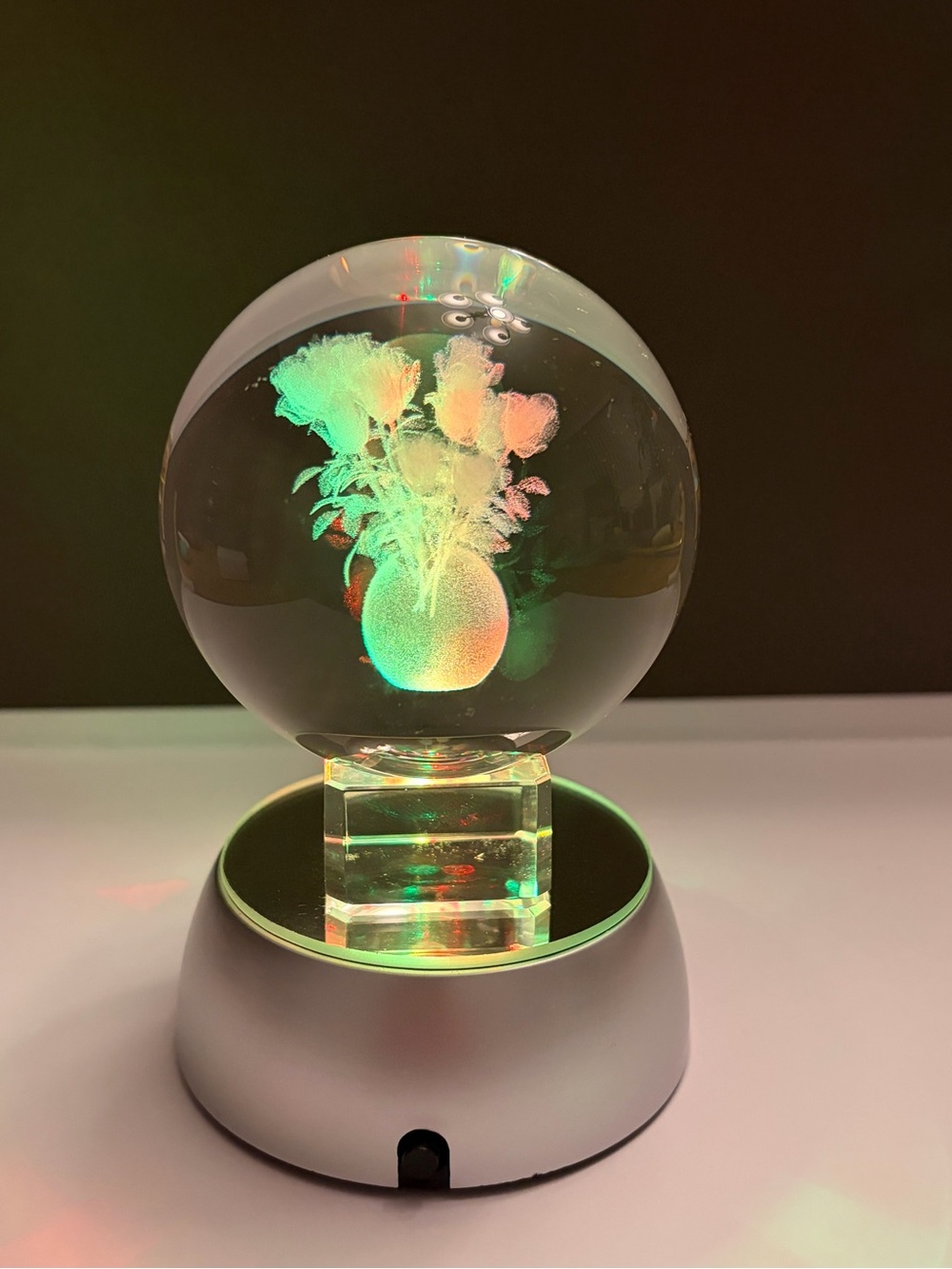 Stunning 3D Laser-Engraved Crystal Ball Night Light – Large 80mm Floral Bouquet